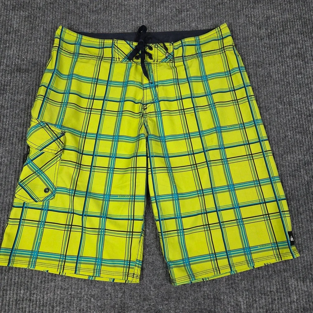 Quiksilver Mens Plaid Board Shorts Lime Green Blue Size 34 Cargo Pocket Surfwear